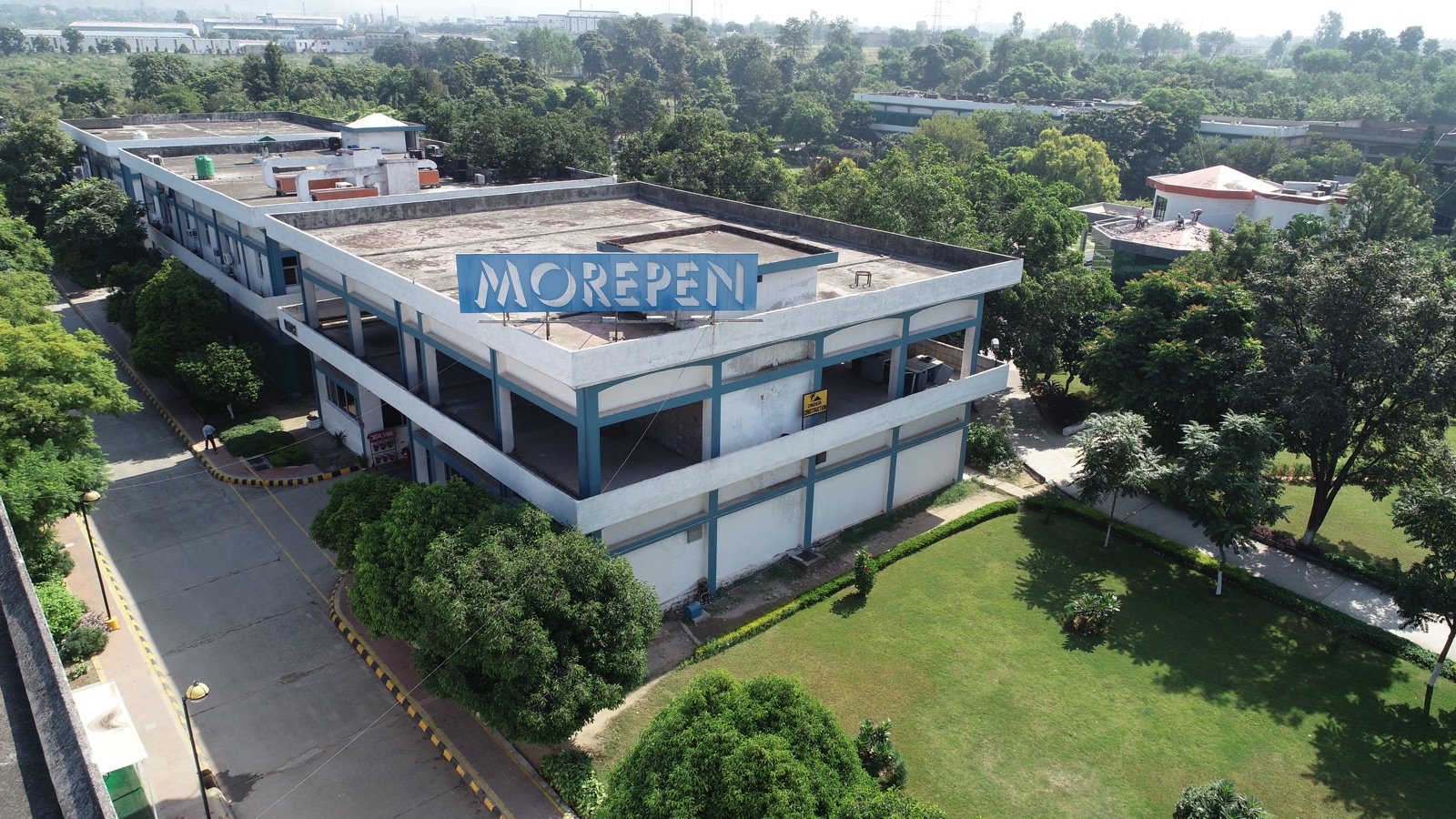 Aerial view of a Morepen office block with the Morepen sign