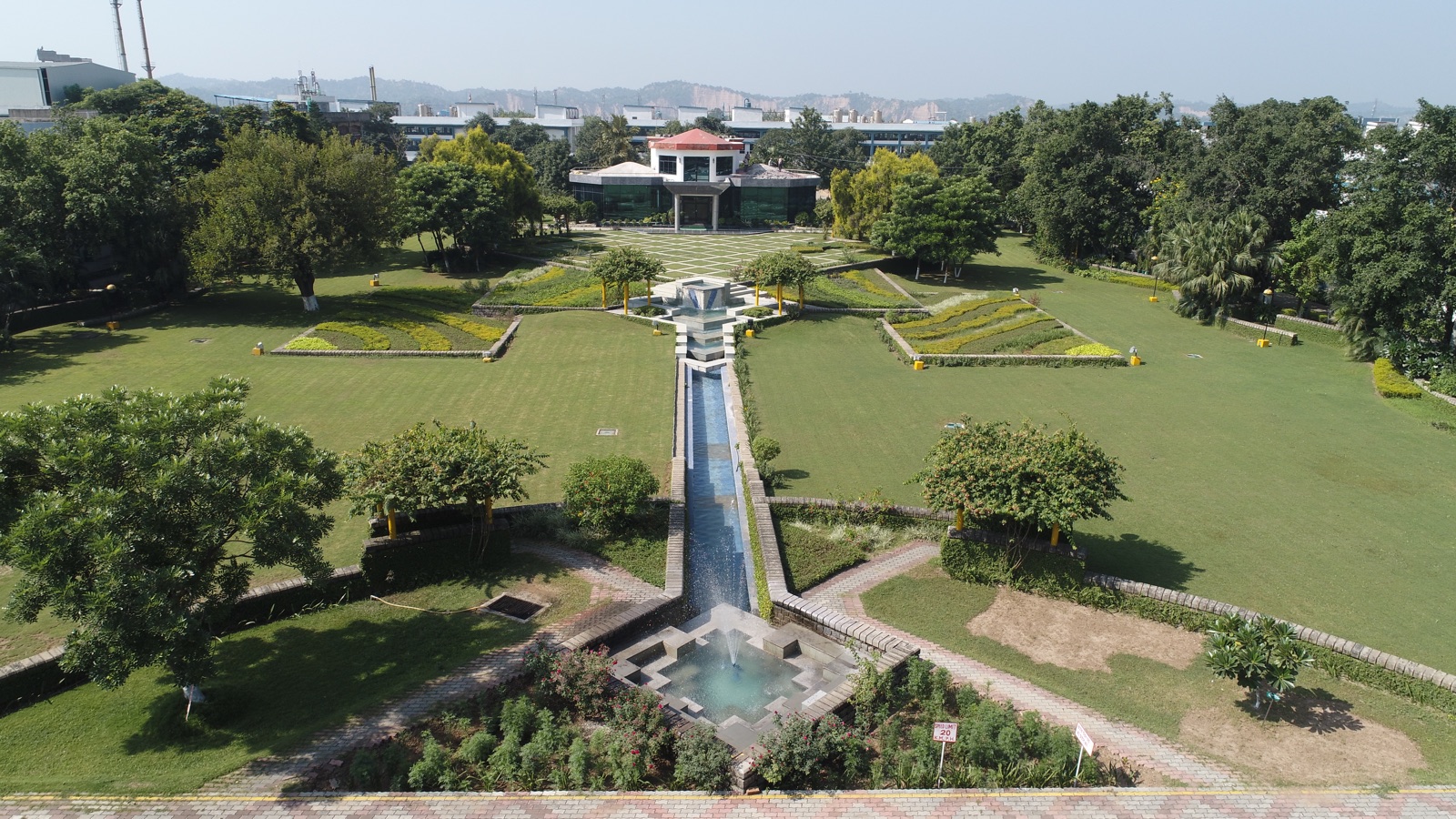 Landscaped gardens and water channel at the Morepen campus