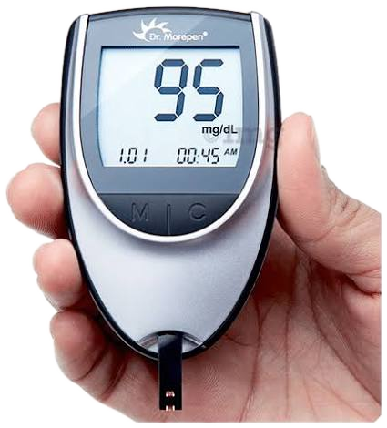 Dr. Morepen blood glucose meter held in hand